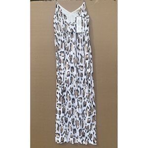Peach Love Animal Print Flowy Maxi Dress L Cream Black Sleeveless V Neck Coastal